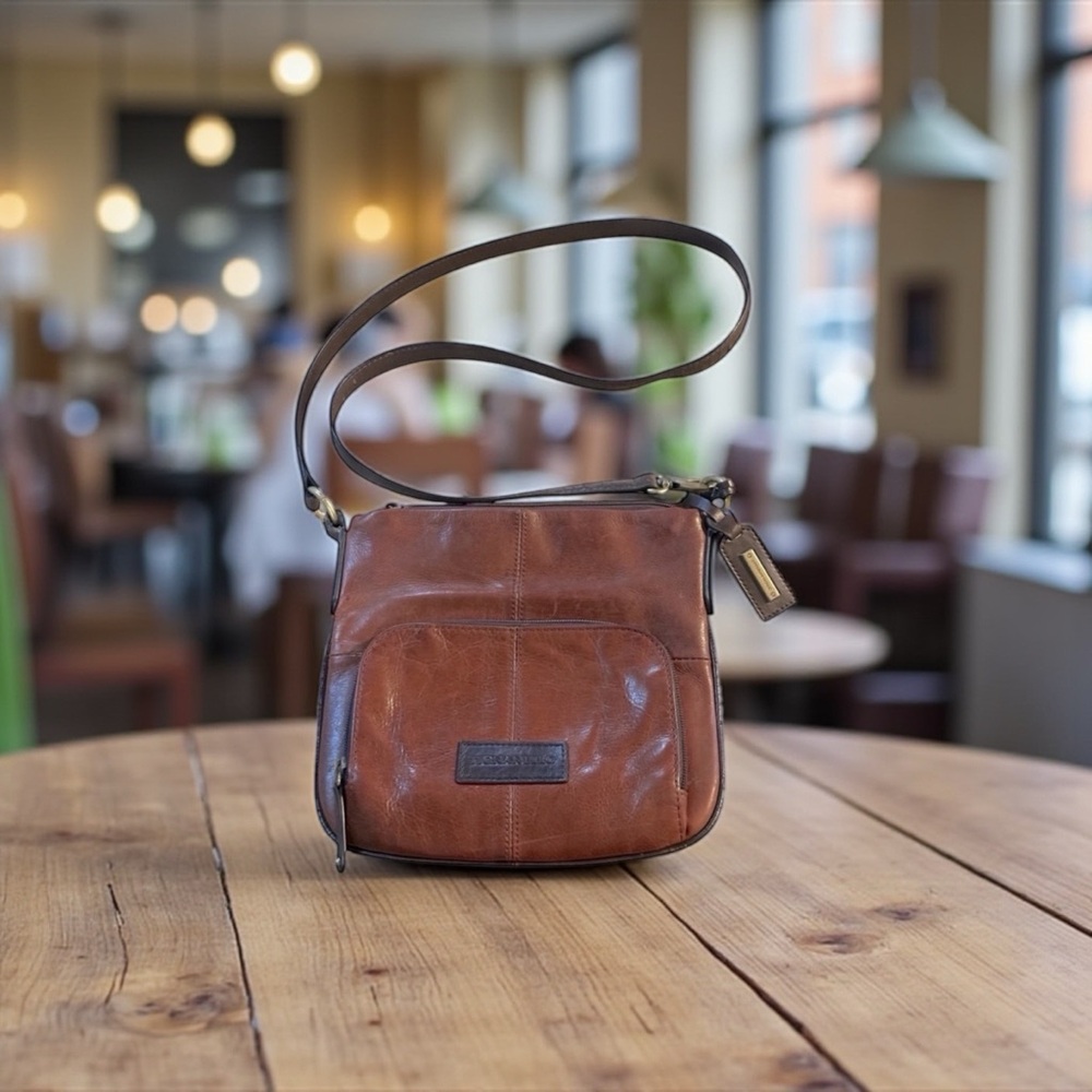 Tignanello Leather Brown Crossbody Bag Adjustable Satrap, Brass Hardware
